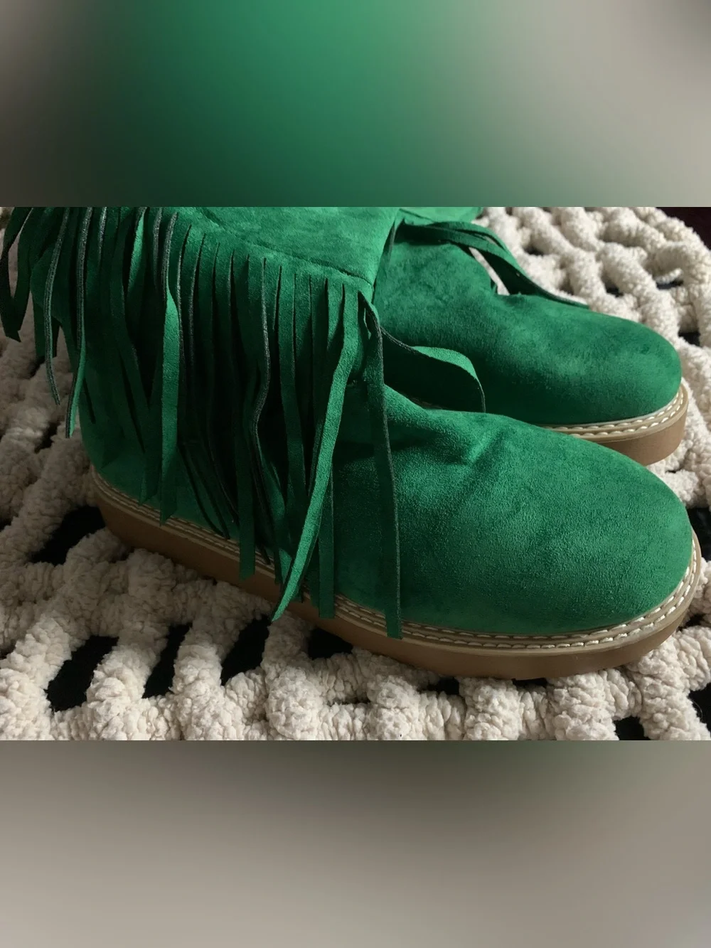 Green Fringe Faux-Suede Knee Boots with Faux-Fur Cuff